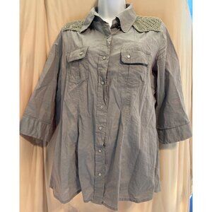 Elena Solano Crochet Western Shirt Green Made in India Pearl Snaps Size L